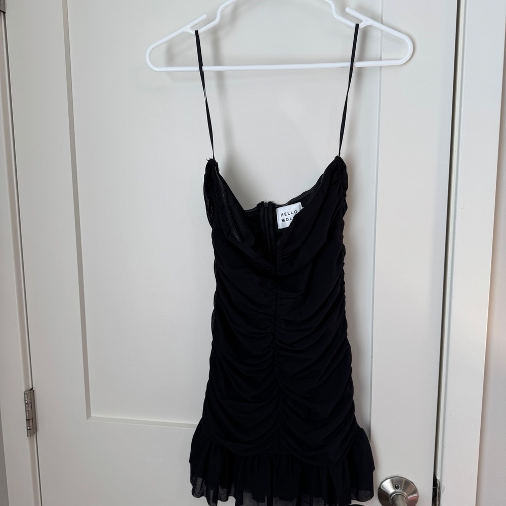 Hello Molly Black Ruched Bodycon Mini Dress Ruffle Hem Spaghetti Strap US 6